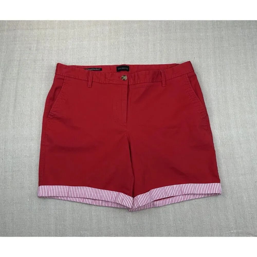 Talbots Relaxed Chino Shorts Womens Size 12 Red 7” Inseam Cuffed Seersucker Trim